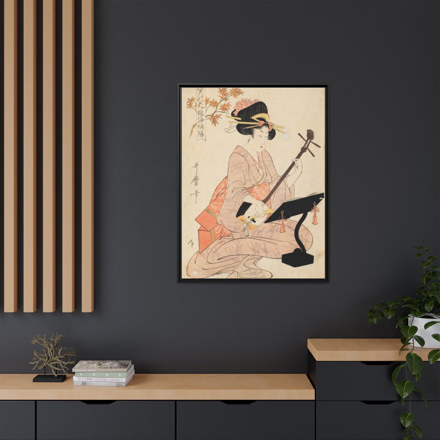 Maple Leaves Koyo and Shamisen | Kitagawa Utamaro - Framed -