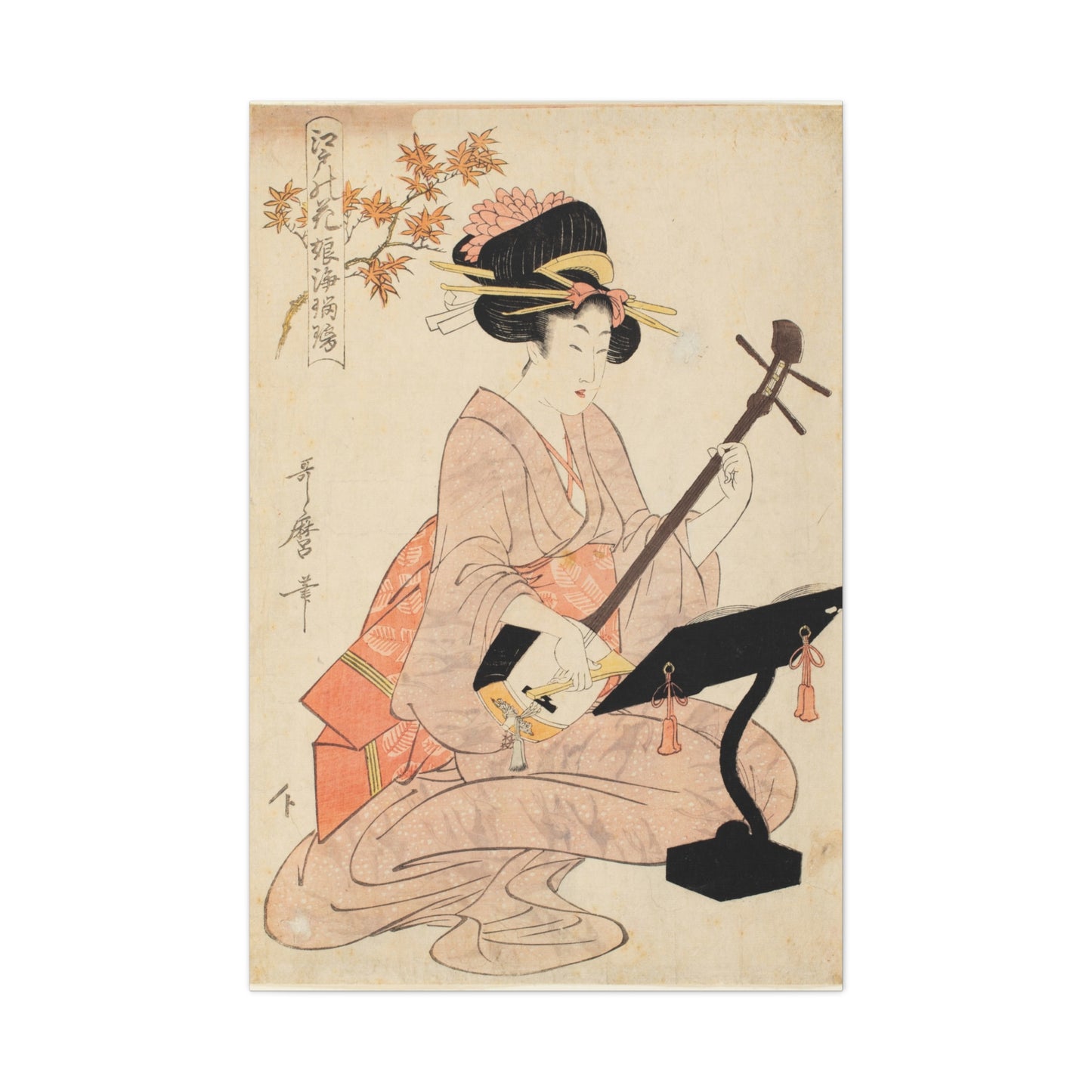 Maple Leaves Koyo and Shamisen | Kitagawa Utamaro - Canvas -